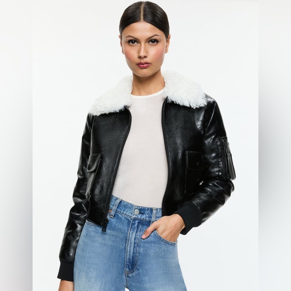 Alice + Olivia Willard Vegan Leather Bomber Jacket with Fur Collar S NWT